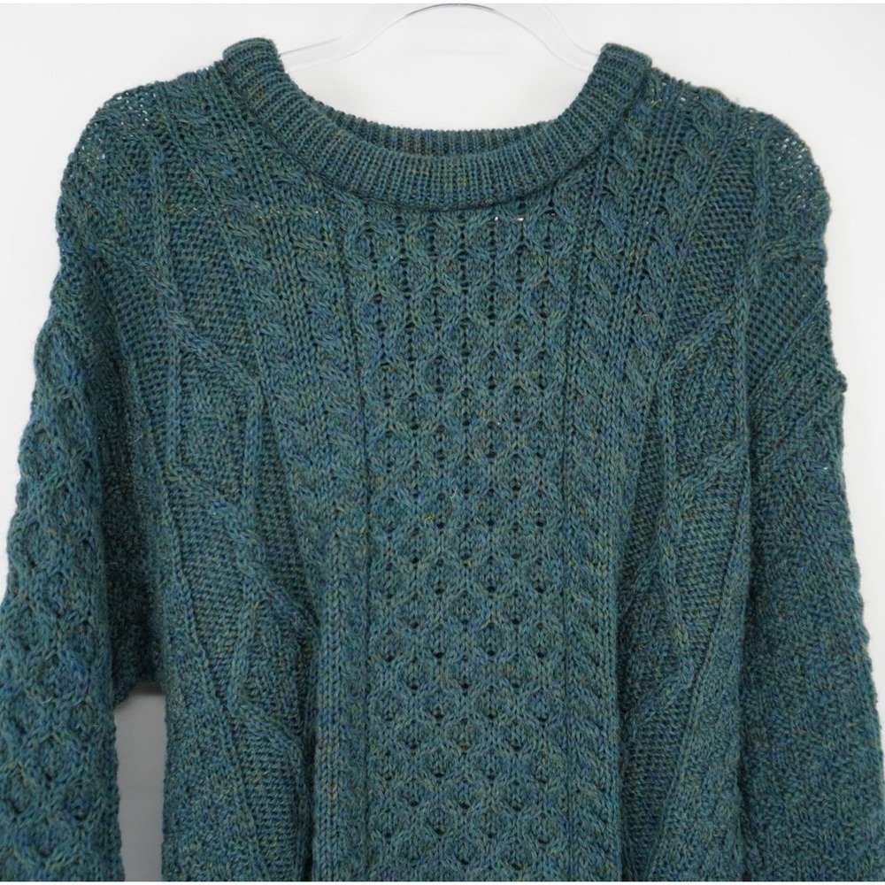 Aran Crafts Ireland Mens Green Teal 100%Wool Cable Knit Honeycomb Sweater Medium